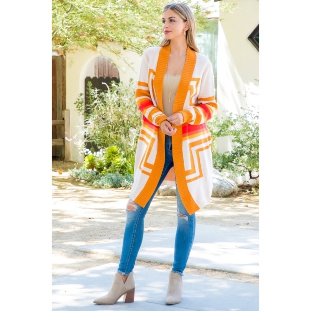 Cardigan open tribal pattern in cream, orange, gold | Size S —#040 - Picture 11 of 12